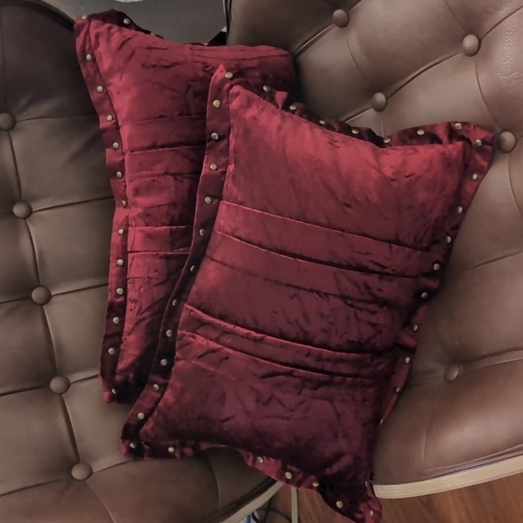 Pier 1,Set of 2 Red Velvet Throw Pillows with Bronze Studded Accents. - Picture 6 of 8